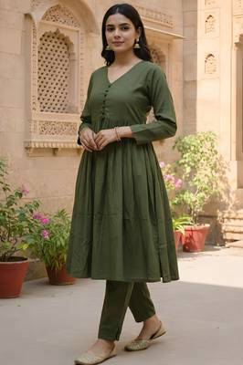 Women's Long Flared V-Neck with Button Details Anarkali shape Empire Waist,Kurta Pant Set 6