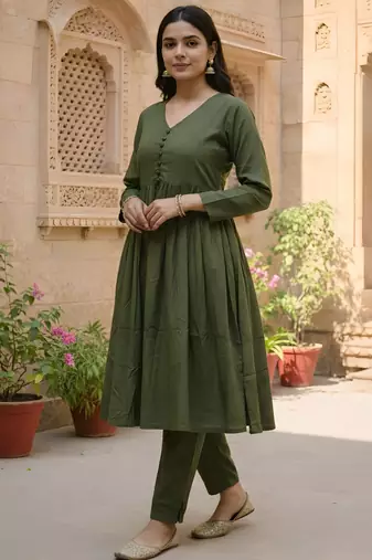 Women's Long Flared V-Neck with Button Details Anarkali shape Empire Waist,Kurta Pant Set