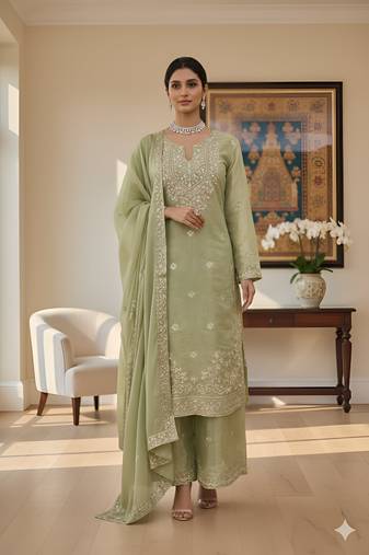 Pista Green Jimmy Silk Embroidered Kurti Palazzo and Dupatta  3pc set
