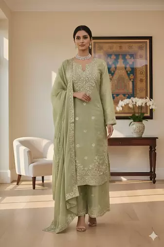 Pista Green Jimmy Silk Embroidered Kurti Palazzo and Dupatta  3pc set