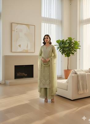 Pista Green Jimmy Silk Embroidered Kurti Palazzo and Dupatta  3pc set 2