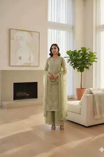 Pista Green Jimmy Silk Embroidered Kurti Palazzo and Dupatta  3pc set