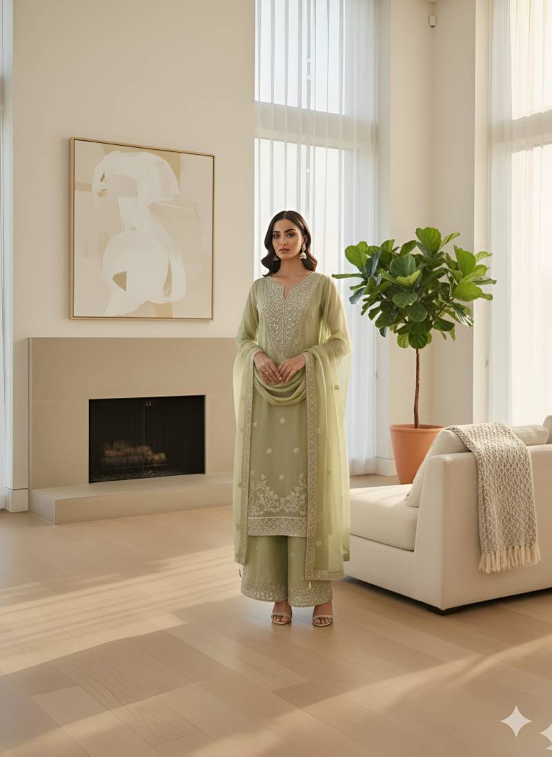 Pista Green Jimmy Silk Embroidered Kurti Palazzo and Dupatta  3pc set