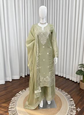 Pista Green Jimmy Silk Embroidered Kurti Palazzo and Dupatta  3pc set 3