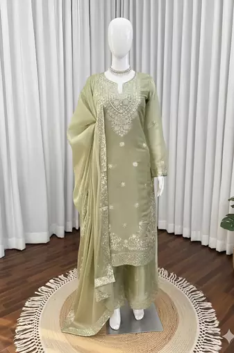 Pista Green Jimmy Silk Embroidered Kurti Palazzo and Dupatta  3pc set