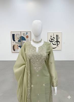 Pista Green Jimmy Silk Embroidered Kurti Palazzo and Dupatta  3pc set 4