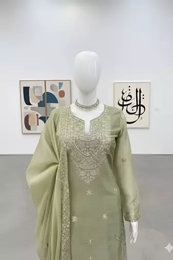Pista Green Jimmy Silk Embroidered Kurti Palazzo and Dupatta  3pc set