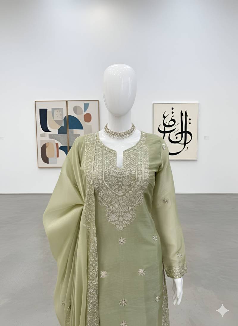 Pista Green Jimmy Silk Embroidered Kurti Palazzo and Dupatta  3pc set