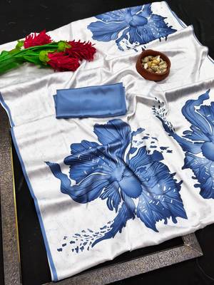 Blue printed satin saree with blouse piece 4