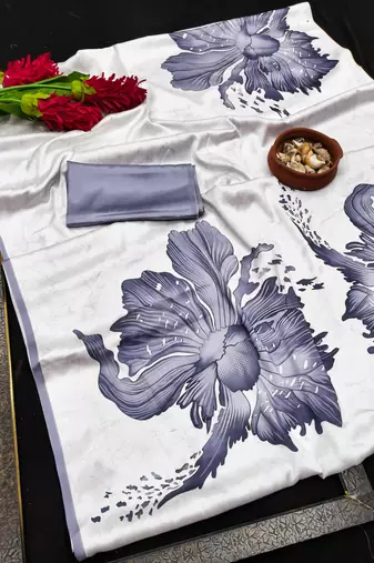 Grey printed satin saree with blouse piece