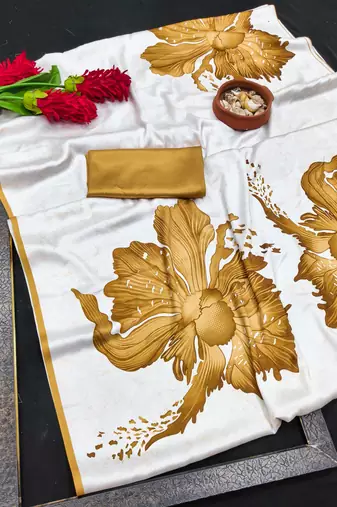 Mustard printed satin saree with blouse piece