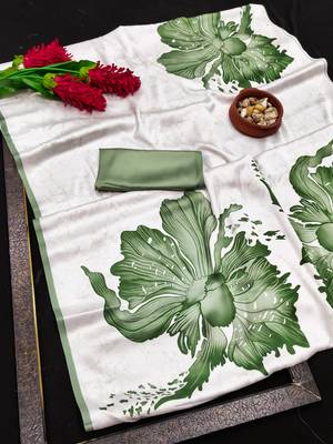 Green printed satin saree with blouse piece 4