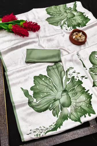 Green printed satin saree with blouse piece