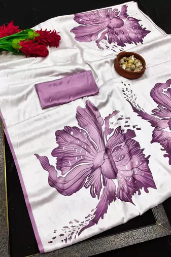 Purple printed satin saree with blouse piece