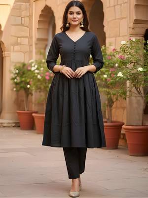 Women's Long Flared V-Neck with Button Details Anarkali shape Empire Waist,Kurta Pant Set 1