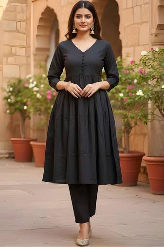 Women's Long Flared V-Neck with Button Details Anarkali shape Empire Waist,Kurta Pant Set