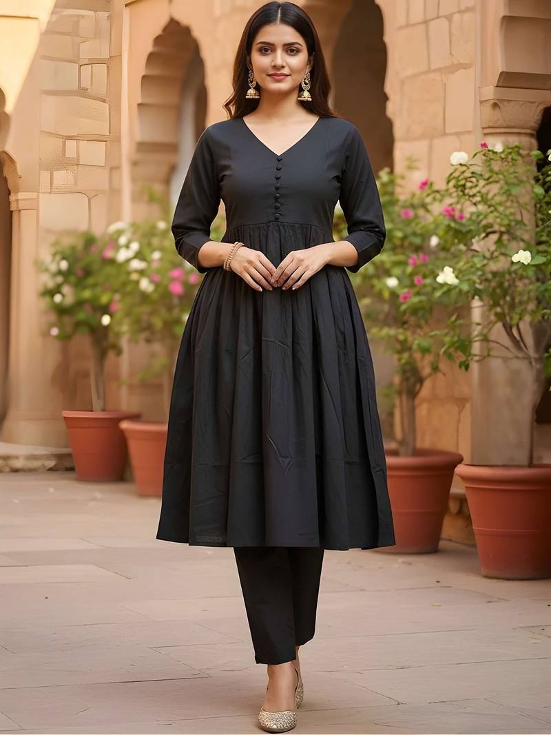 Women's Long Flared V-Neck with Button Details Anarkali shape Empire Waist,Kurta Pant Set