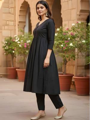 Women's Long Flared V-Neck with Button Details Anarkali shape Empire Waist,Kurta Pant Set 2