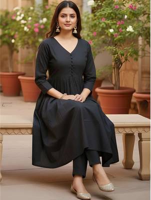 Women's Long Flared V-Neck with Button Details Anarkali shape Empire Waist,Kurta Pant Set 3