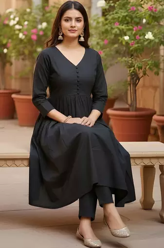 Women's Long Flared V-Neck with Button Details Anarkali shape Empire Waist,Kurta Pant Set