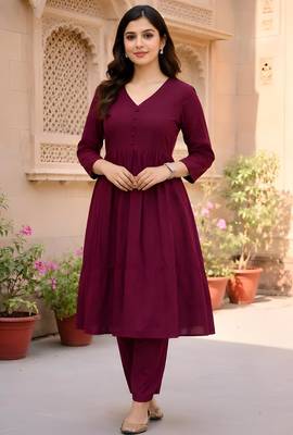 Women's Long Flared V-Neck with Button Details Anarkali shape Empire Waist,Kurta Pant Set 1