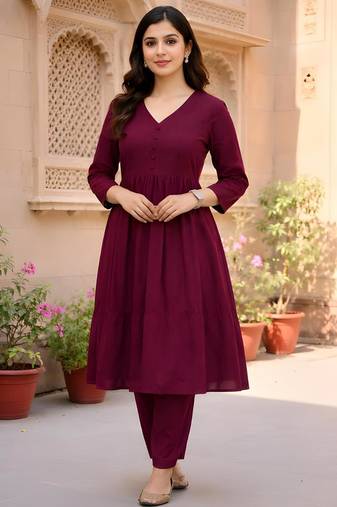 Women's Long Flared V-Neck with Button Details Anarkali shape Empire Waist,Kurta Pant Set