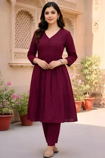 Women's Long Flared V-Neck with Button Details Anarkali shape Empire Waist,Kurta Pant Set