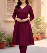 Women's Long Flared V-Neck with Button Details Anarkali shape Empire Waist,Kurta Pant Set