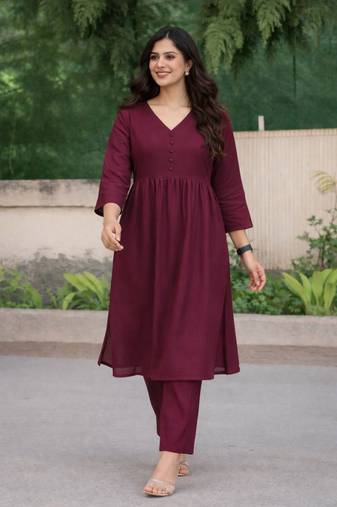 Women's Long Flared V-Neck with Button Details Anarkali shape Empire Waist,Kurta Pant Set