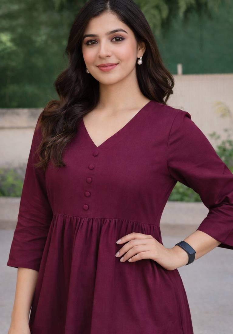 Women's Long Flared V-Neck with Button Details Anarkali shape Empire Waist,Kurta Pant Set