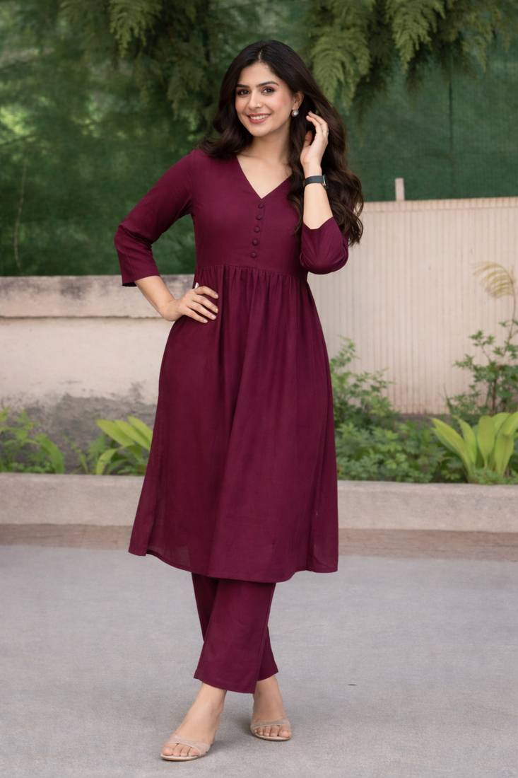 Women's Long Flared V-Neck with Button Details Anarkali shape Empire Waist,Kurta Pant Set