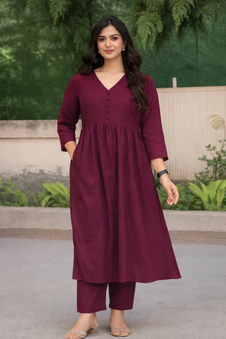 Women's Long Flared V-Neck with Button Details Anarkali shape Empire Waist,Kurta Pant Set