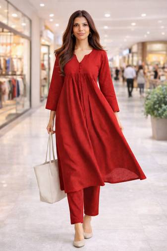 Women's Long Flared V-Neck with Button Details Anarkali shape Empire Waist,Kurta Pant Set