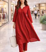 Women's Long Flared V-Neck with Button Details Anarkali shape Empire Waist,Kurta Pant Set