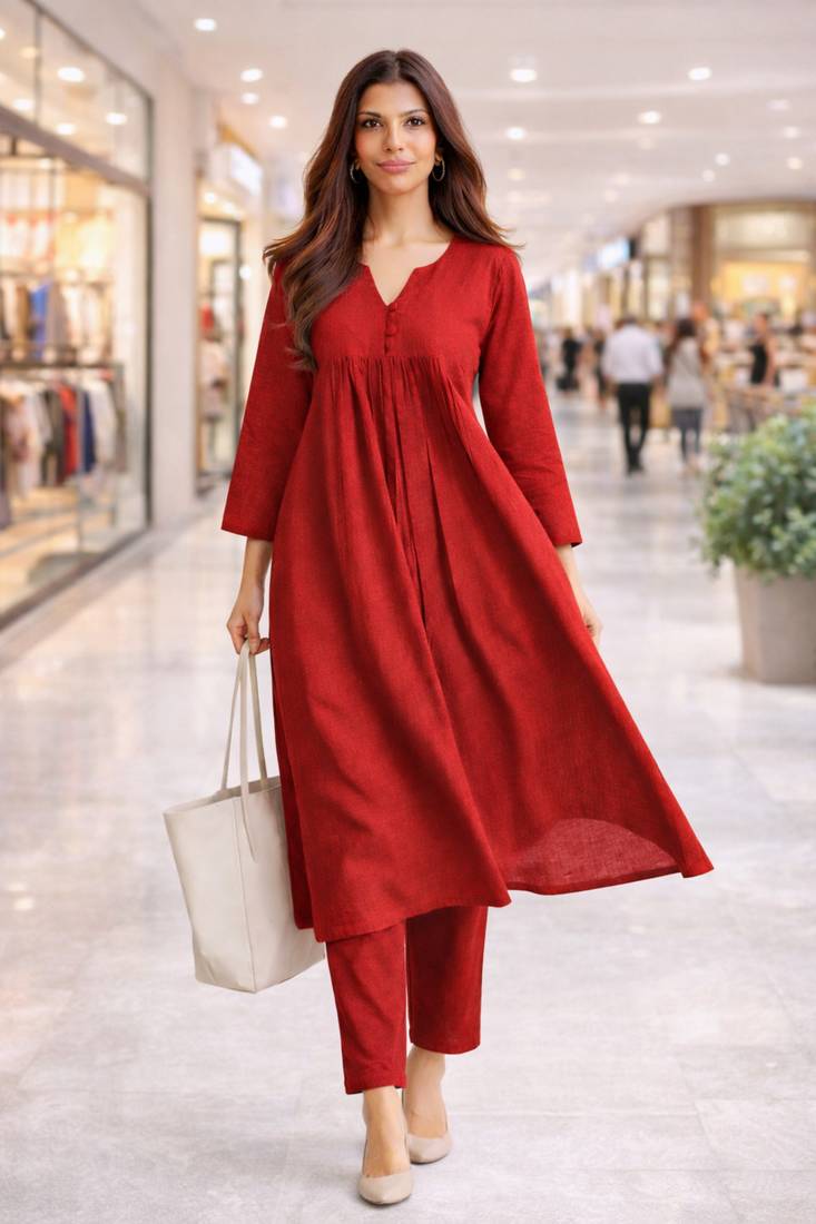 Women's Long Flared V-Neck with Button Details Anarkali shape Empire Waist,Kurta Pant Set