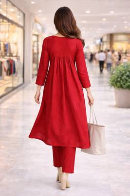 Women's Long Flared V-Neck with Button Details Anarkali shape Empire Waist,Kurta Pant Set 2