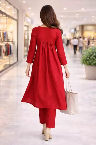 Women's Long Flared V-Neck with Button Details Anarkali shape Empire Waist,Kurta Pant Set
