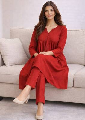 Women's Long Flared V-Neck with Button Details Anarkali shape Empire Waist,Kurta Pant Set 5
