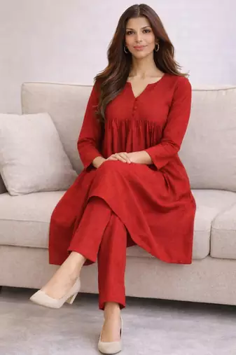 Women's Long Flared V-Neck with Button Details Anarkali shape Empire Waist,Kurta Pant Set