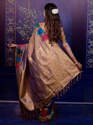 brown color temple woven work soft art silk blend saree 2