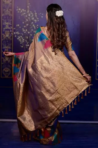 brown color temple woven work soft art silk blend saree