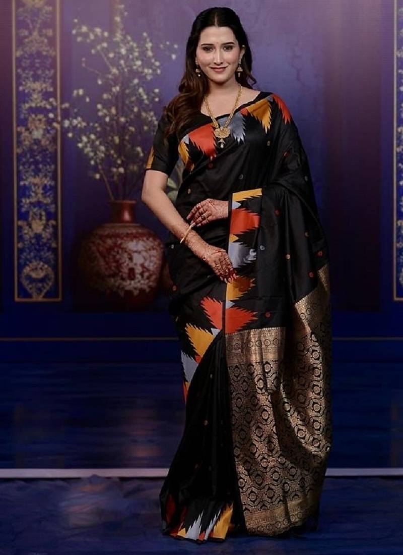 black color temple woven work soft art silk saree