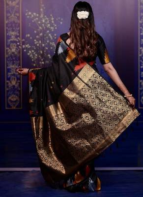 black color temple woven work soft art silk blend saree 4
