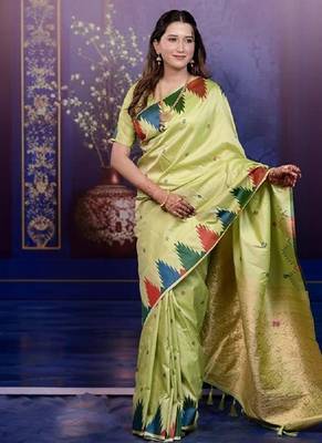 parrot green color temple woven work soft art silk blend saree 1