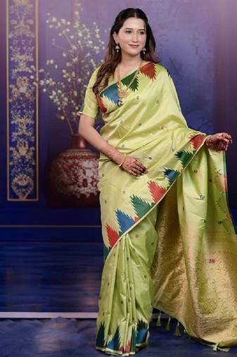 parrot green color temple woven work soft art silk saree