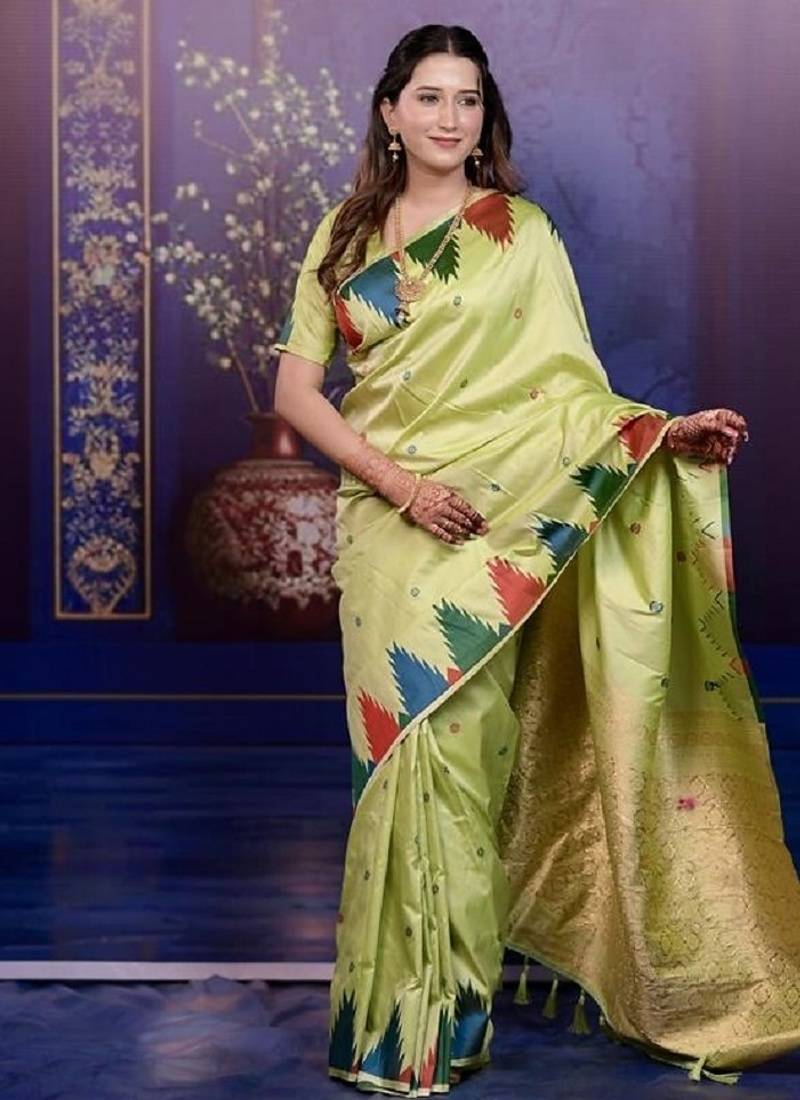 parrot green color temple woven work soft art silk saree
