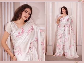 off white & pink color pure satin digital print saree 2