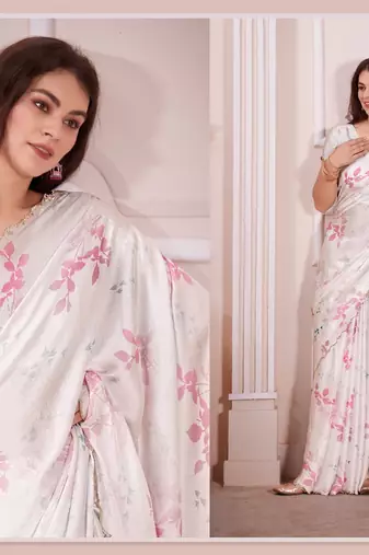 off white & pink color pure satin digital print saree