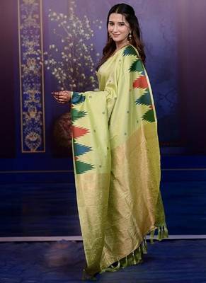 parrot green color temple woven work soft art silk blend saree 4