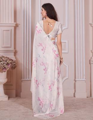 off white & pink color pure satin digital print saree 4